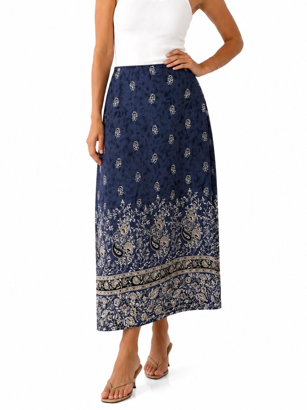 Jessica Petites Blue Floral Paisley Wrap Midi Skirt Sz 12P Y2K Vintage Retro